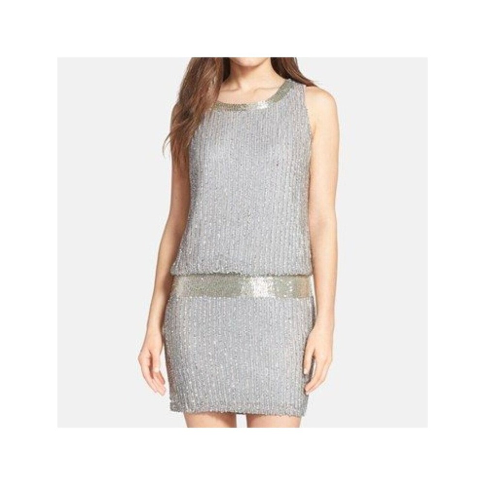 Adrianna Papell Beaded Silk Dress Women 6 Silver Blouson Sequin Waist Mini